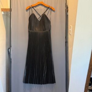 Elegant Black Pleated Vegan Leather Dress